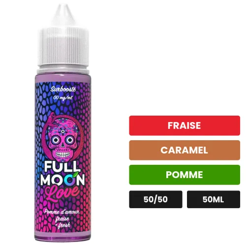 E-liquide Love de Full Moon, 50 ml, saveurs fraise, caramel et pomme, sans nicotine — prêt à booster de nicotine.