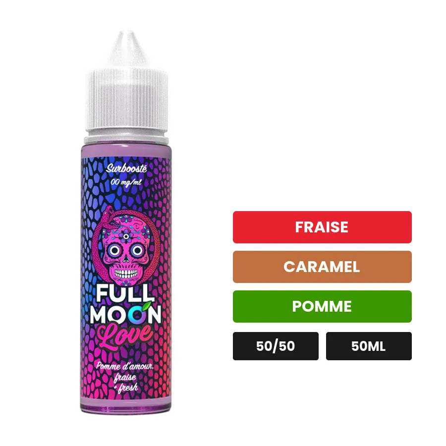 E-liquide Love de Full Moon, 50 ml, saveurs fraise, caramel et pomme, sans nicotine — prêt à booster de nicotine.