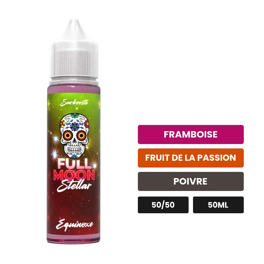 E-liquide Équinoxe de Full Moon, 50 ml, saveurs framboise, fruit de la passion et poivre, sans nicotine — prêt à booster de.