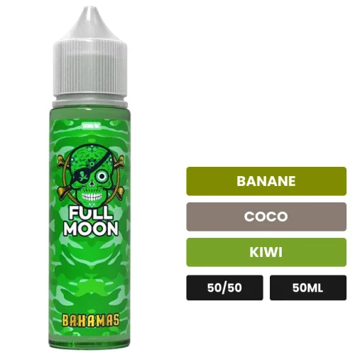 E-liquide Bahamas de Full Moon, 50 ml, saveurs banane, coco et kiwi, sans nicotine — prêt à booster de nicotine.