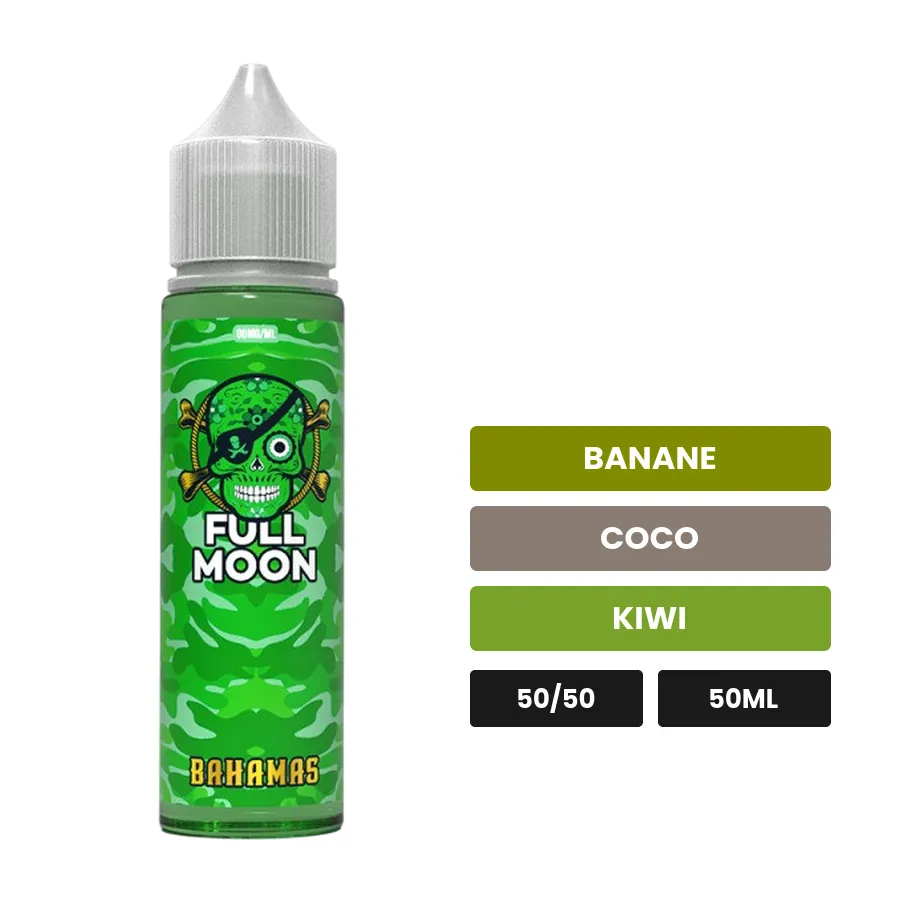 E-liquide Bahamas de Full Moon, 50 ml, saveurs banane, coco et kiwi, sans nicotine — prêt à booster de nicotine.