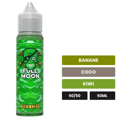 E-liquide Bahamas de Full Moon, 50 ml, saveurs banane, coco et kiwi, sans nicotine — prêt à booster de nicotine.