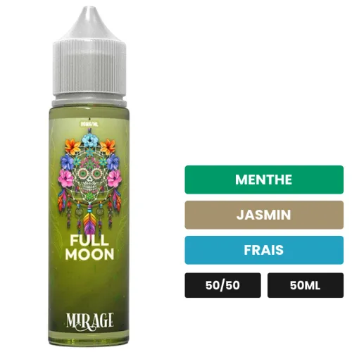 E-liquide Mirage de Full Moon, 50 ml, saveurs menthe, jasmin et frais, sans nicotine — prêt à booster de nicotine.
