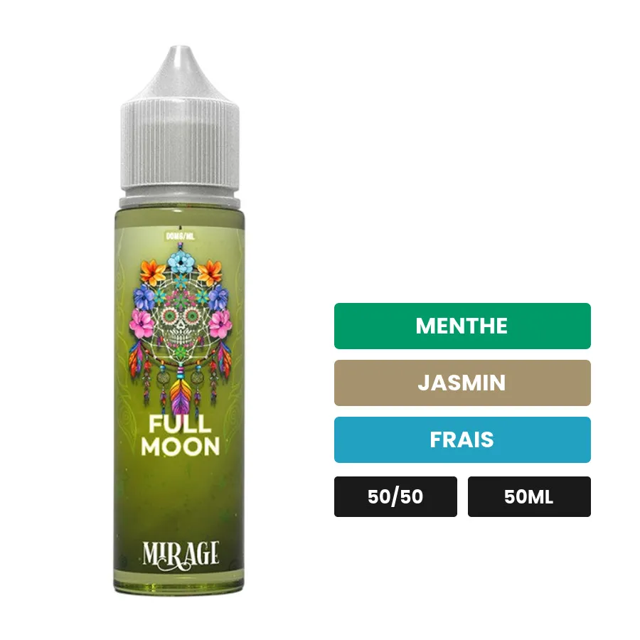 E-liquide Mirage de Full Moon, 50 ml, saveurs menthe, jasmin et frais, sans nicotine — prêt à booster de nicotine.