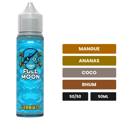 E-liquide Caraïbes de Full Moon, 50 ml, saveurs mangue, ananas, coco et 1 autre, sans nicotine — prêt à booster de nicotine.