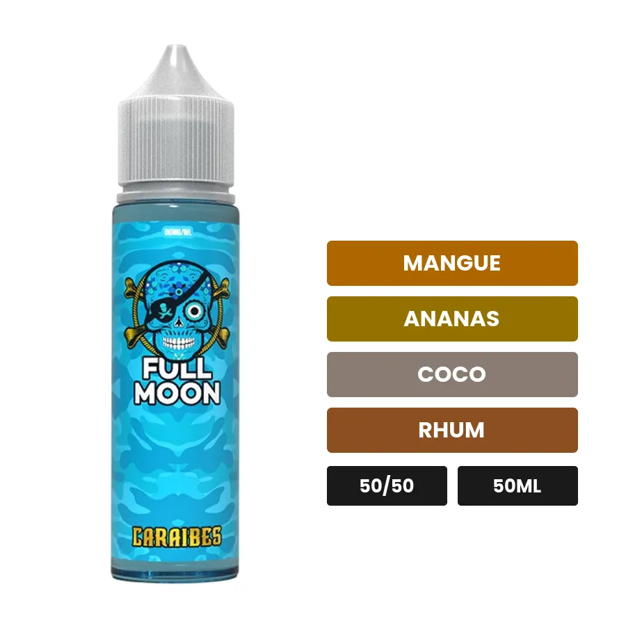 E-liquide Caraïbes de Full Moon, 50 ml, saveurs mangue, ananas, coco et 1 autre, sans nicotine — prêt à booster de nicotine.