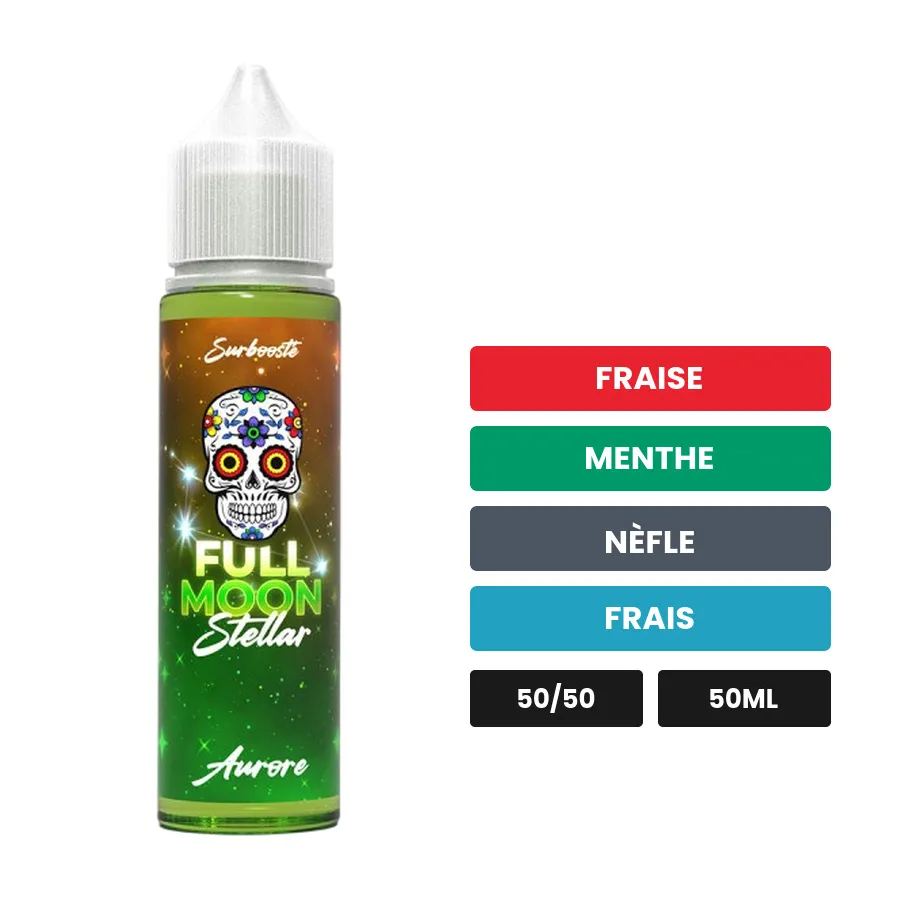 E-liquide Aurore de Full Moon, 50 ml, saveurs fraise, menthe, nèfle et 1 autre.