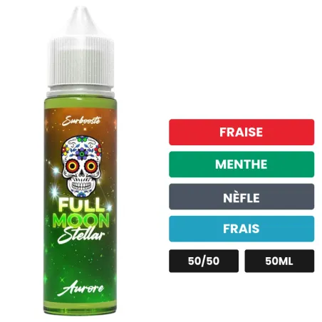 E-liquide Aurore de Full Moon, 50 ml, saveurs fraise, menthe, nèfle et 1 autre.