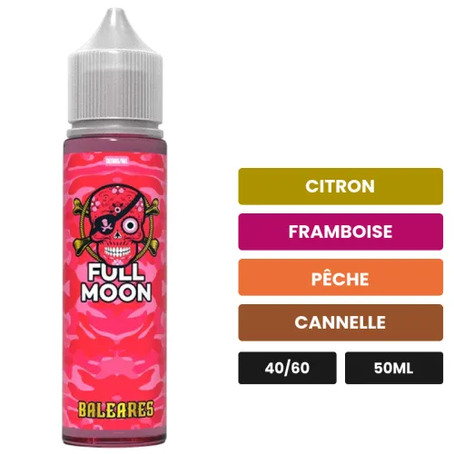 E-liquide Baléares de Full Moon, 50 ml, saveurs citron, framboise, pêche et 1 autre.