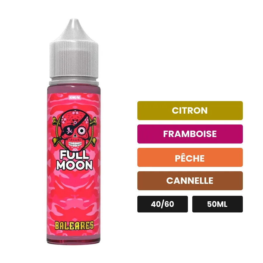 E-liquide Baléares de Full Moon, 50 ml, saveurs citron, framboise, pêche et 1 autre.