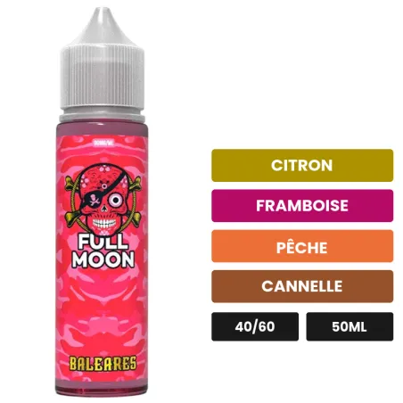 E-liquide Baléares de Full Moon, 50 ml, saveurs citron, framboise, pêche et 1 autre.