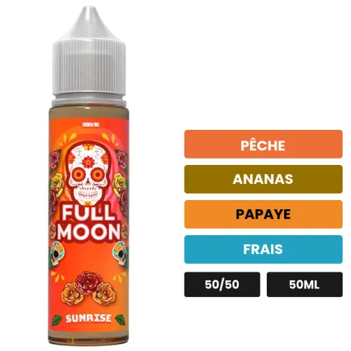 E-liquide Sunrise de Full Moon, 50 ml, saveurs pêche, ananas, papaye et 1 autre, sans nicotine — prêt à booster de nicotine.