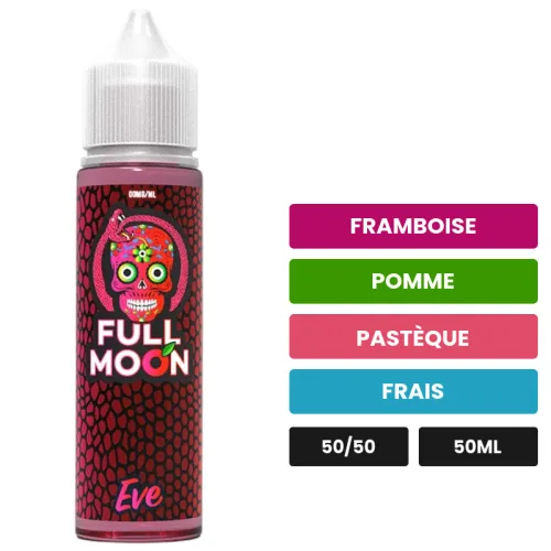 E-liquide Eve de Full Moon, 50 ml, saveurs framboise, pomme, pastèque et 1 autre.