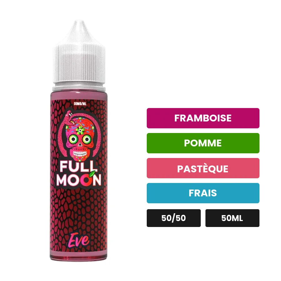 E-liquide Eve de Full Moon, 50 ml, saveurs framboise, pomme, pastèque et 1 autre.
