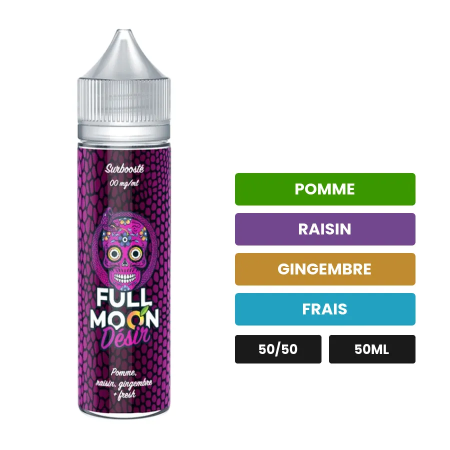 E-liquide Désir de Full Moon, 50 ml, saveurs pomme, raisin, gingembre et 1 autre, sans nicotine — prêt à booster de nicotine.