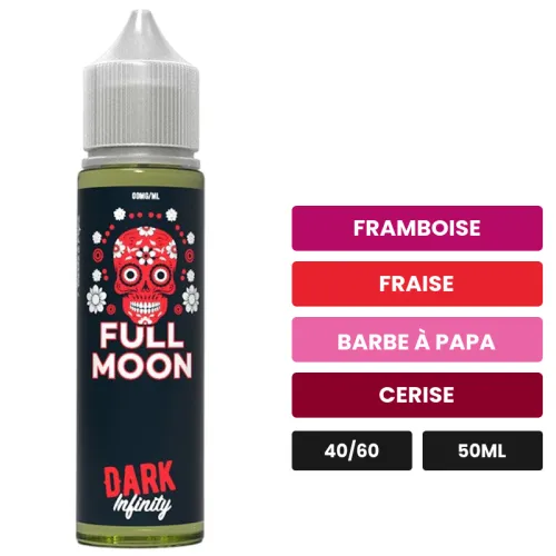 E-liquide Dark Infinity de Full Moon, 50 ml, saveurs framboise, fraise, barbe à papa et 3 autres.