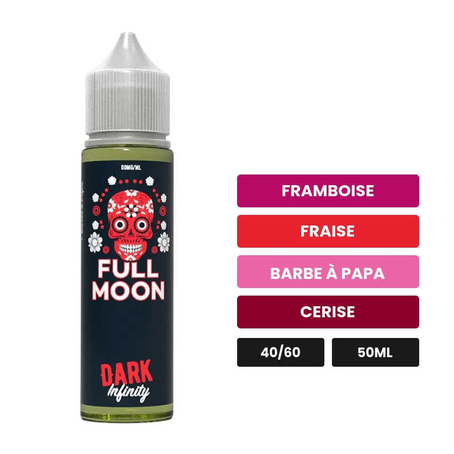 E-liquide Dark Infinity de Full Moon, 50 ml, saveurs framboise, fraise, barbe à papa et 3 autres.