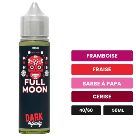 E-liquide Dark Infinity de Full Moon, 50 ml, saveurs framboise, fraise, barbe à papa et 3 autres.