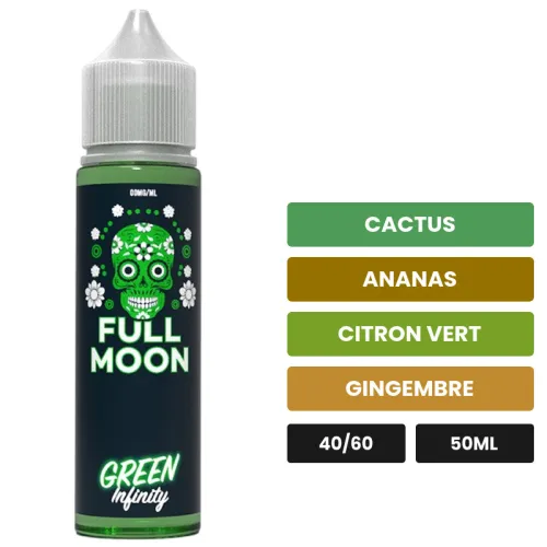 E-liquide Green Infinity de Full Moon, 50 ml, saveurs cactus, ananas, citron vert et 2 autres.
