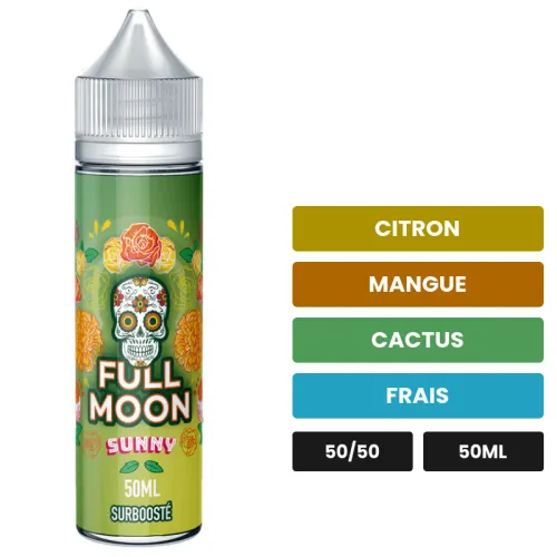 E-liquide Sunny de Full Moon, 50 ml, saveurs citron, mangue, cactus et 1 autre, sans nicotine — prêt à booster de nicotine.