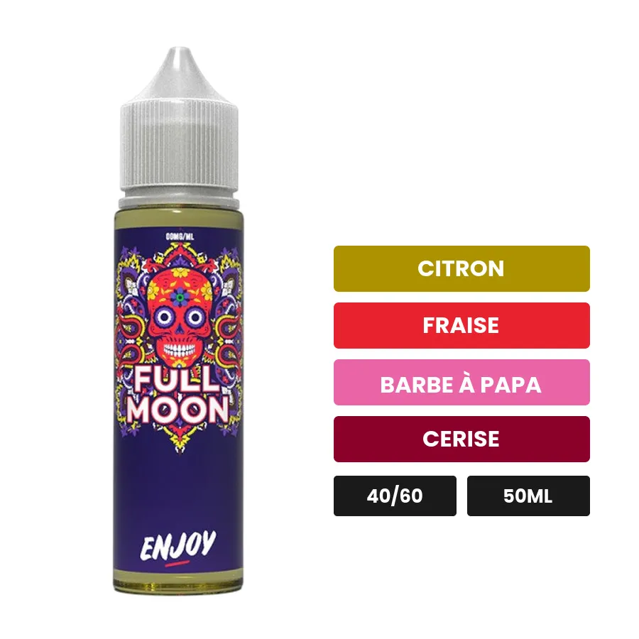 E-liquide Enjoy de Full Moon, 50 ml, saveurs citron, fraise, barbe à papa et 2 autres.