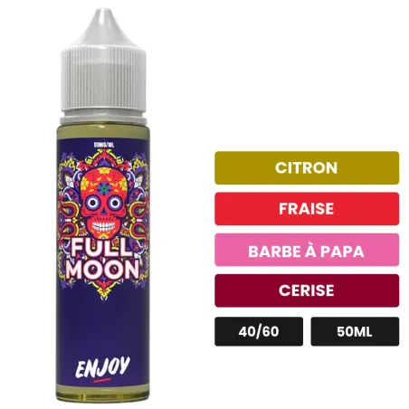 E-liquide Enjoy de Full Moon, 50 ml, saveurs citron, fraise, barbe à papa et 2 autres.