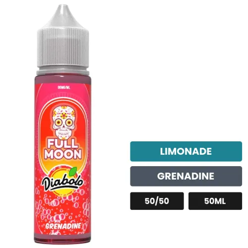 E-liquide Grenadine de Full Moon, 50 ml, saveurs limonade et grenadine, sans nicotine — prêt à booster de nicotine.