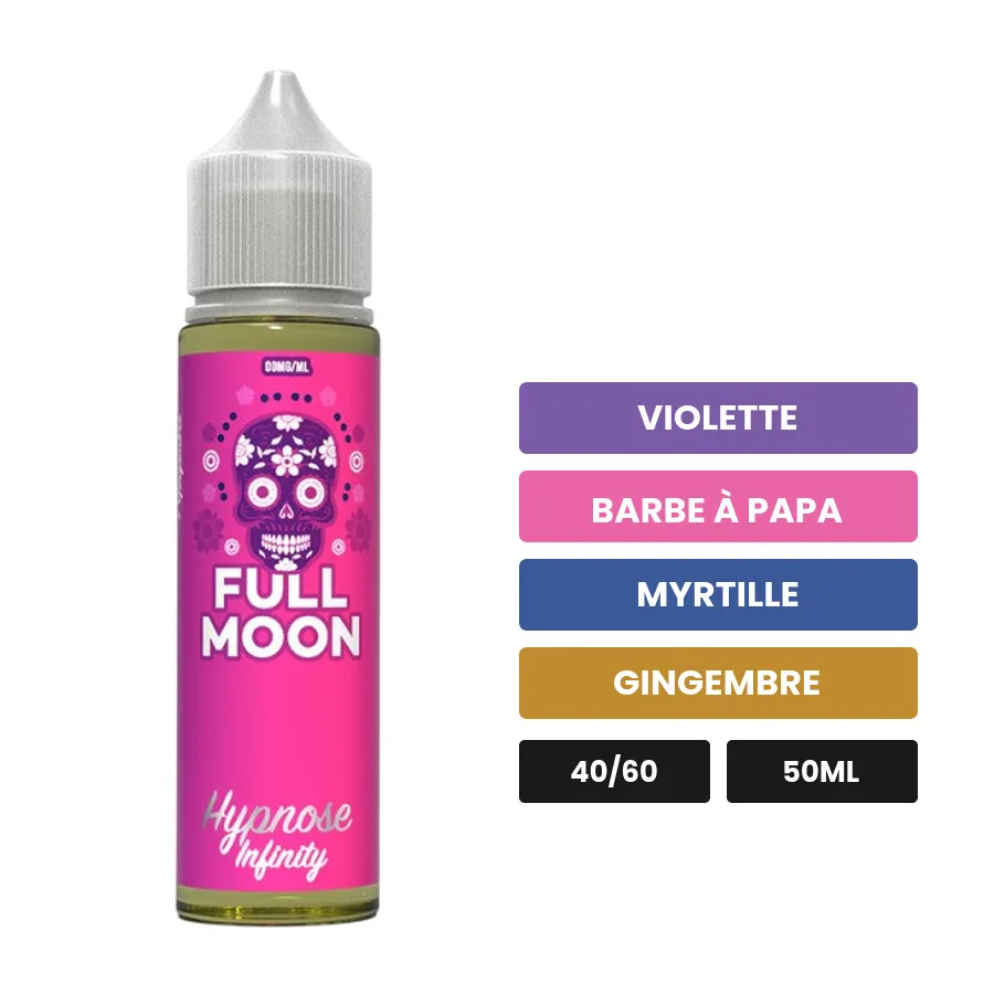 E-liquide Hypnose Infinity de Full Moon, 50 ml, saveurs violette, barbe à papa, myrtille et 3 autres.