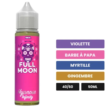 E-liquide Hypnose Infinity de Full Moon, 50 ml, saveurs violette, barbe à papa, myrtille et 3 autres.