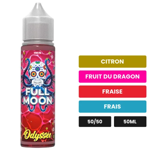E-liquide Odyssée de Full Moon, 50 ml, saveurs citron, fruit du dragon, fraise et 1 autre, sans nicotine — prêt à booster de.