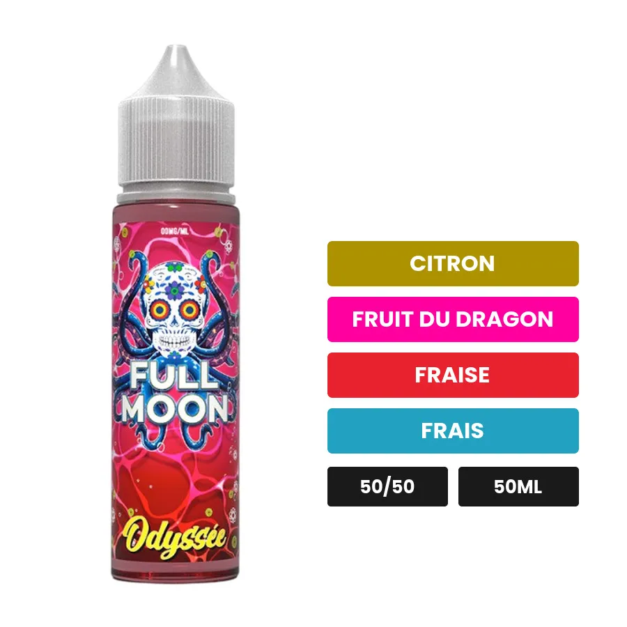 E-liquide Odyssée de Full Moon, 50 ml, saveurs citron, fruit du dragon, fraise et 1 autre, sans nicotine — prêt à booster de.