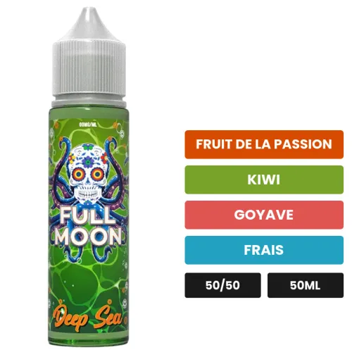 E-liquide Deep Sea de Full Moon, 50 ml, saveurs fruit de la passion, kiwi, goyave et 1 autre, sans nicotine — prêt à booster.