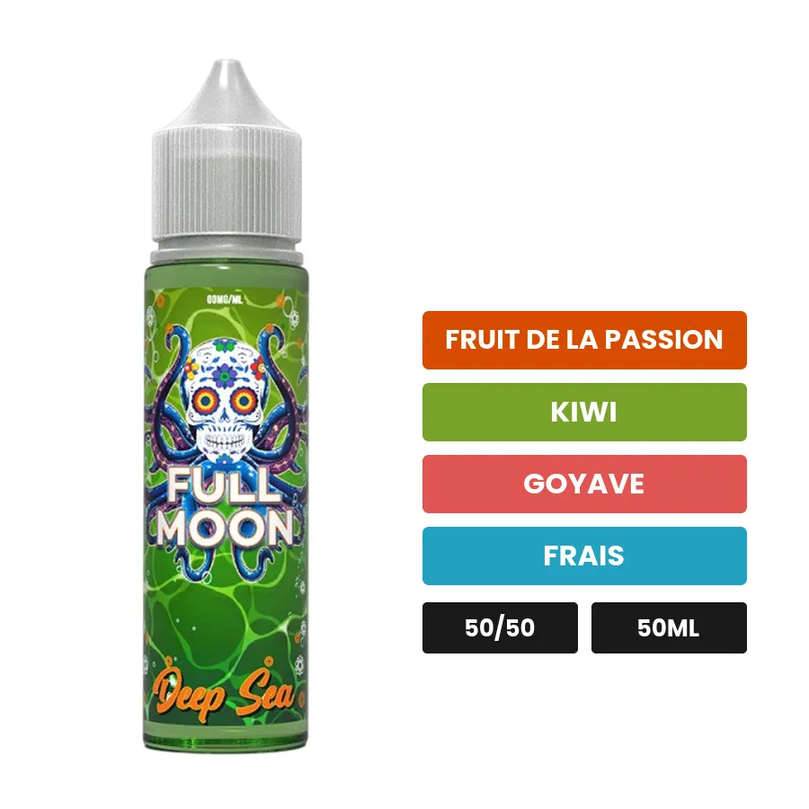 E-liquide Deep Sea de Full Moon, 50 ml, saveurs fruit de la passion, kiwi, goyave et 1 autre, sans nicotine — prêt à booster.