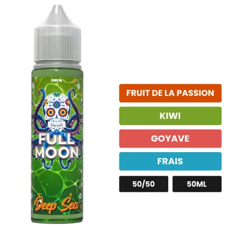E-liquide Deep Sea de Full Moon, 50 ml, saveurs fruit de la passion, kiwi, goyave et 1 autre, sans nicotine — prêt à booster.