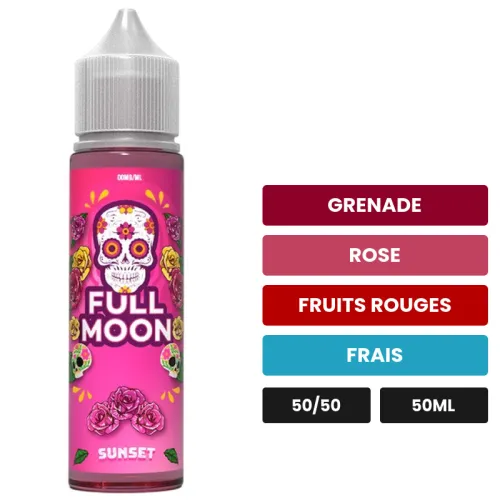 E-liquide Sunset de Full Moon, 50 ml, saveurs grenade, rose, fruits rouges et 1 autre, sans nicotine — prêt à booster de.