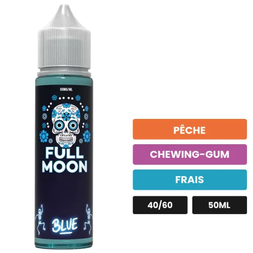 E-liquide Blue de Full Moon, 50 ml, saveurs pêche, chewing-gum et frais.