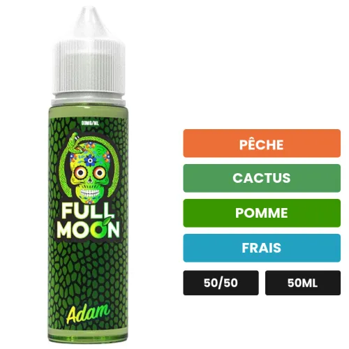 E-liquide Adam de Full Moon, 50 ml, saveurs pêche, cactus, pomme et 1 autre.
