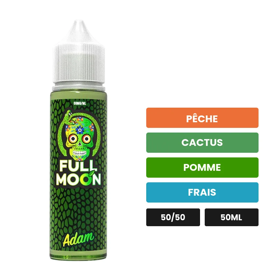 E-liquide Adam de Full Moon, 50 ml, saveurs pêche, cactus, pomme et 1 autre.