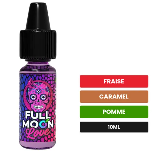 Arome concentre Love de Full Moon, 10 ml, saveurs fraise, caramel et pomme, sans nicotine — arôme à diluer de nicotine.