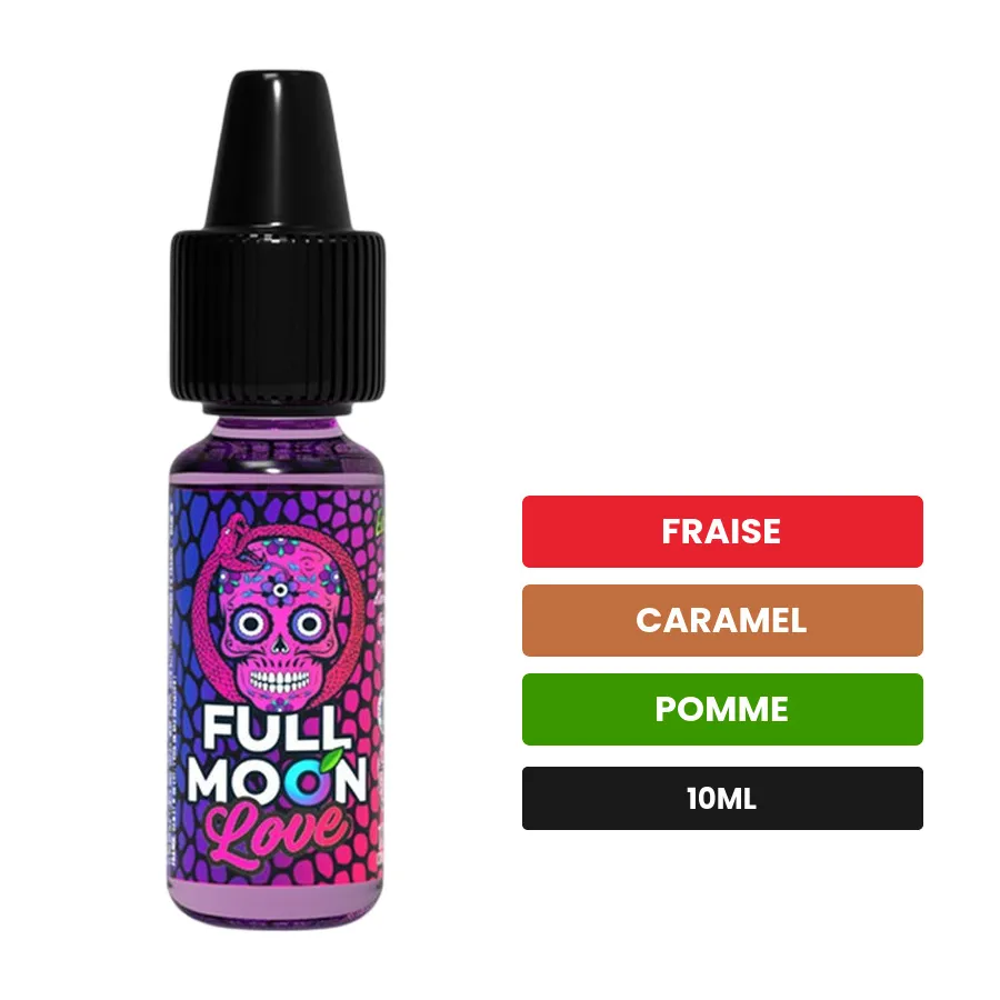 Arome concentre Love de Full Moon, 10 ml, saveurs fraise, caramel et pomme, sans nicotine — arôme à diluer de nicotine.