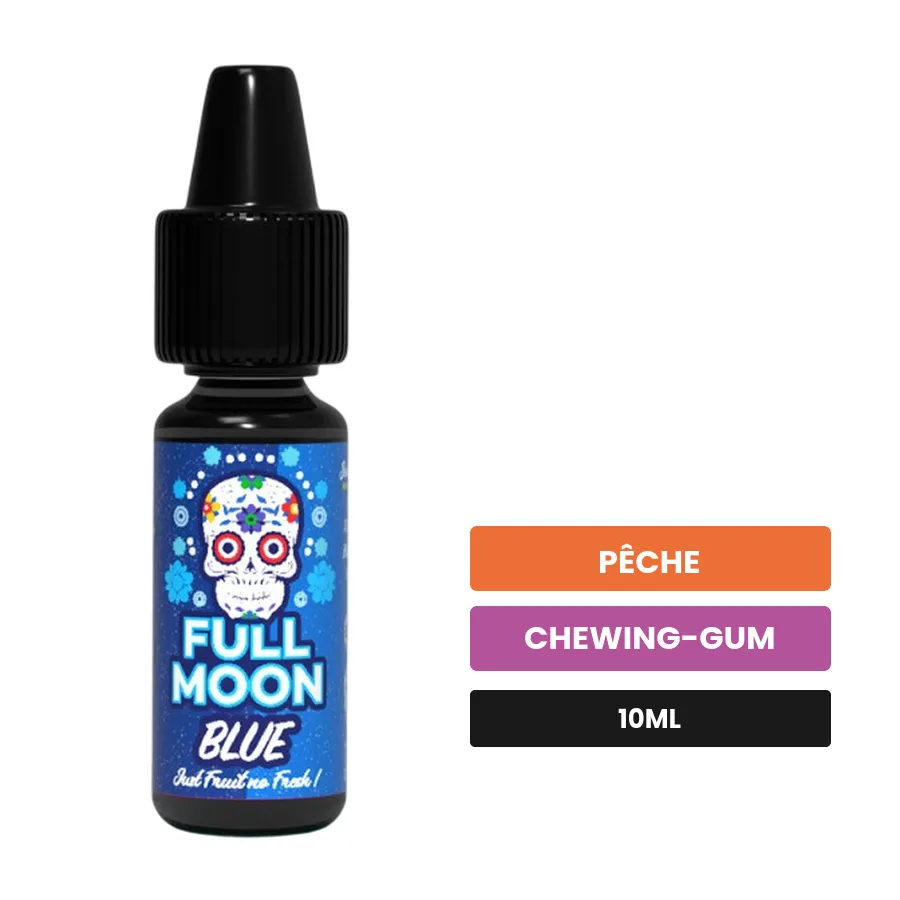 Arome concentre Blue Just Fruit de Full Moon, 10 ml, saveurs pêche et chewing-gum, sans nicotine — arôme à diluer de nicotine.