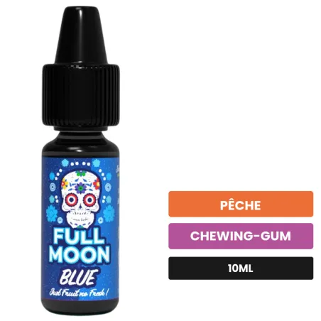 Arome concentre Blue Just Fruit de Full Moon, 10 ml, saveurs pêche et chewing-gum, sans nicotine — arôme à diluer de nicotine.