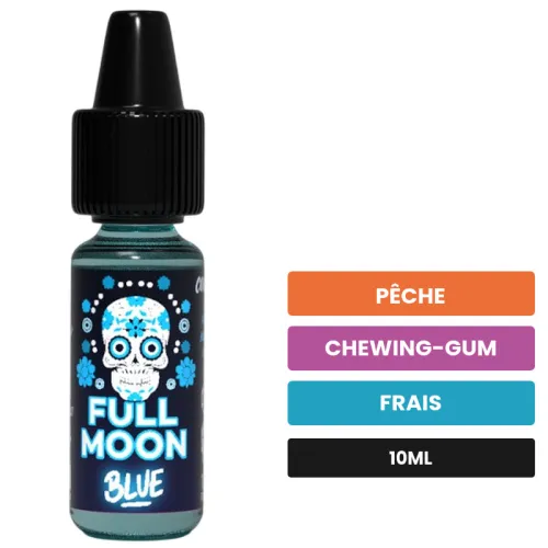 Arome concentre Blue de Full Moon, 10 ml, saveurs pêche, chewing-gum et frais.