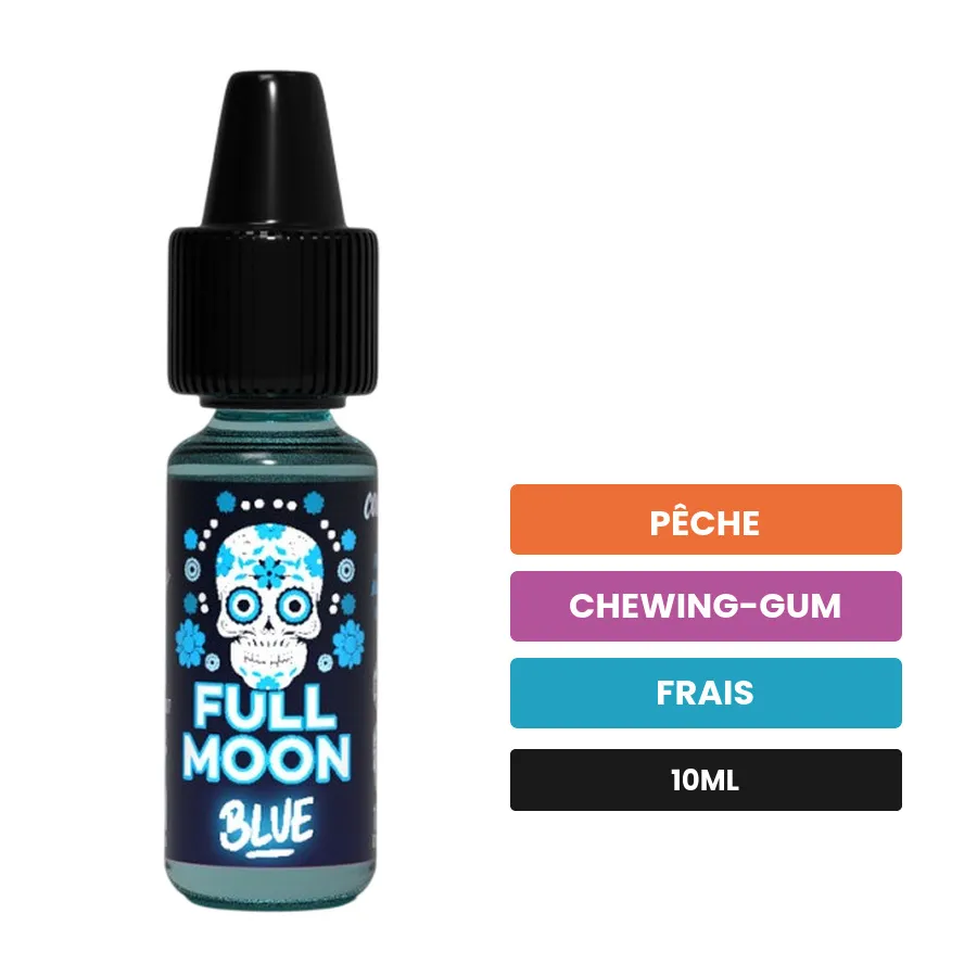 Arome concentre Blue de Full Moon, 10 ml, saveurs pêche, chewing-gum et frais.