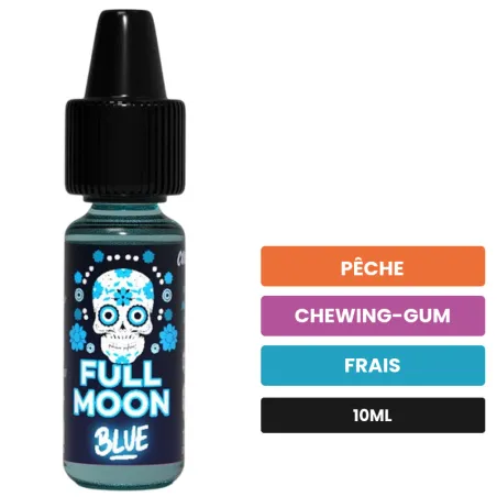 Arome concentre Blue de Full Moon, 10 ml, saveurs pêche, chewing-gum et frais.