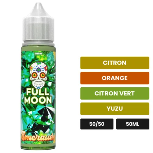 E-liquide Émeraude de Full Moon, 50 ml, saveurs citron, orange, citron vert et 4 autres.