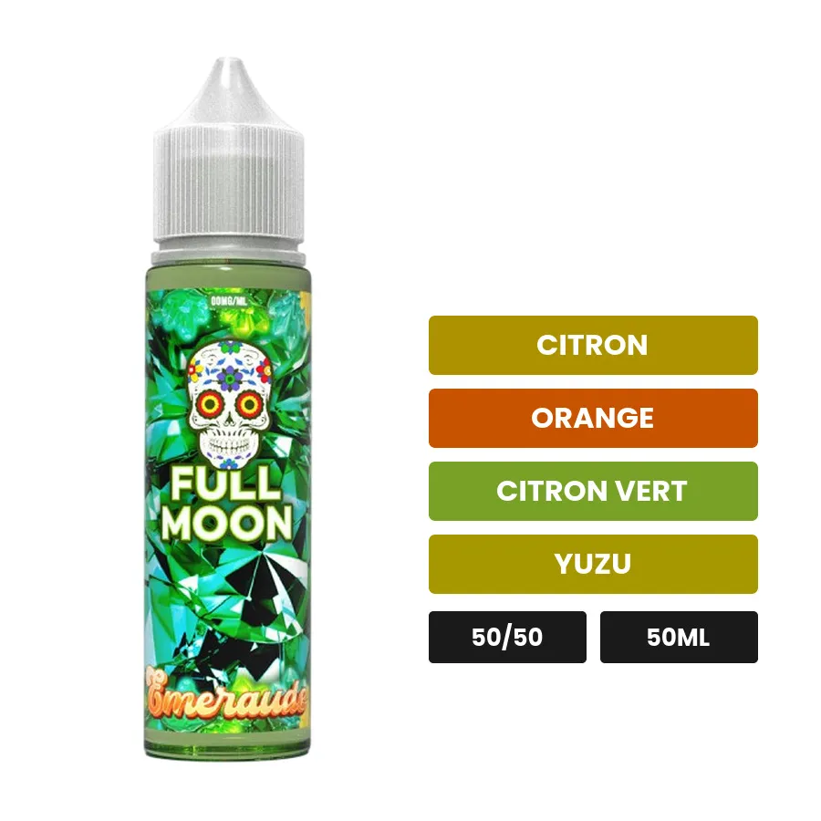 E-liquide Émeraude de Full Moon, 50 ml, saveurs citron, orange, citron vert et 4 autres.