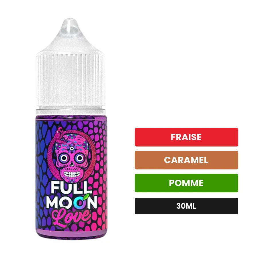Arome concentre Love de Full Moon, 30 ml, saveurs fraise, caramel et pomme.