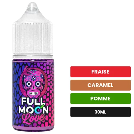 Arome concentre Love de Full Moon, 30 ml, saveurs fraise, caramel et pomme.