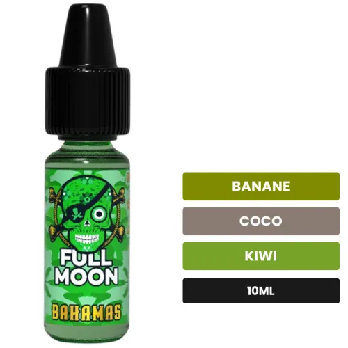 Arome concentre Bahamas de Full Moon, 10 ml, saveurs banane, coco et kiwi.